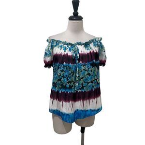 Analili Womens Floral Tie Dye Off-The-Shoulder Silk Blouse Multicolor XS NWT